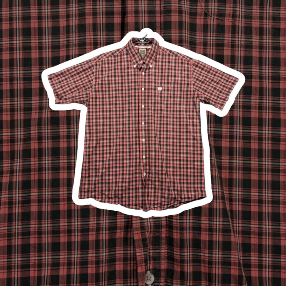 Cinch Mens Plaid Short Sleeve Western Button Down Shirt Medium Coral Grey Pink